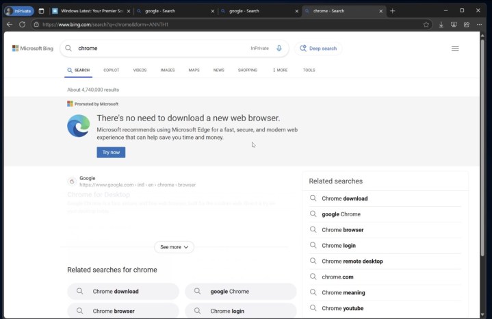 Microsoft prépare encore une nouvelle astuce anti-Google dans ses coulisses 2 Capture d'écran de Microsoft Edge cachant le lien de Google.