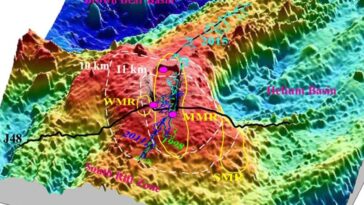 Un immense volcan sous-marin révèle des signes d'éruption imminente 17 Vue bathymétrique de l'Axial Seamount, le volcan sous-marin de l'océan pacifique nord-est / Crédit Nature 2024