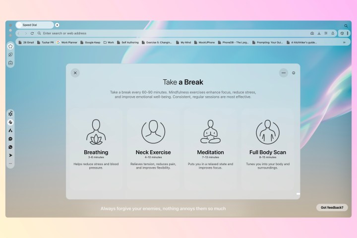 Exercices de respiration guidés par le navigateur web Opera Air.