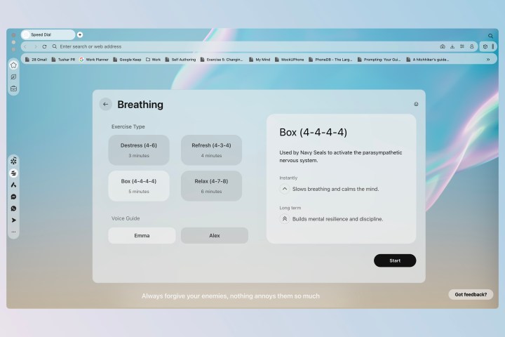 Exercices de respiration guidés par le navigateur web Opera Air.
