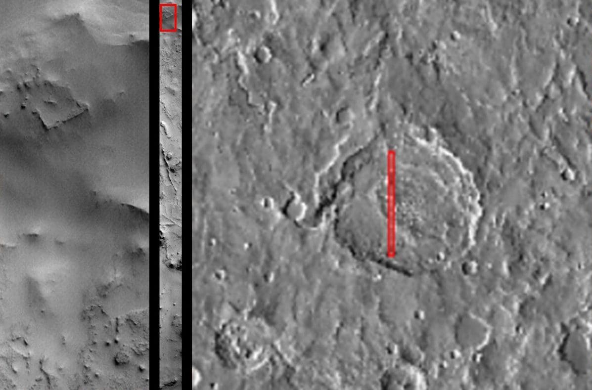 Qu'est-ce que la "structure carrée" sur Mars et pourquoi Elon Musk veut envoyer des astronautes pour enquêter ? 3 À gauche, la structure carrée visible dans l'image capturée par la Mars Orbiter Camera (MOC); au centre, l'image complète montrant une zone d'environ 3 kilomètres à l'intérieur d'un volcan martien (à droite) / Crédit : NASA/JPL/Mars Orbiter Camera