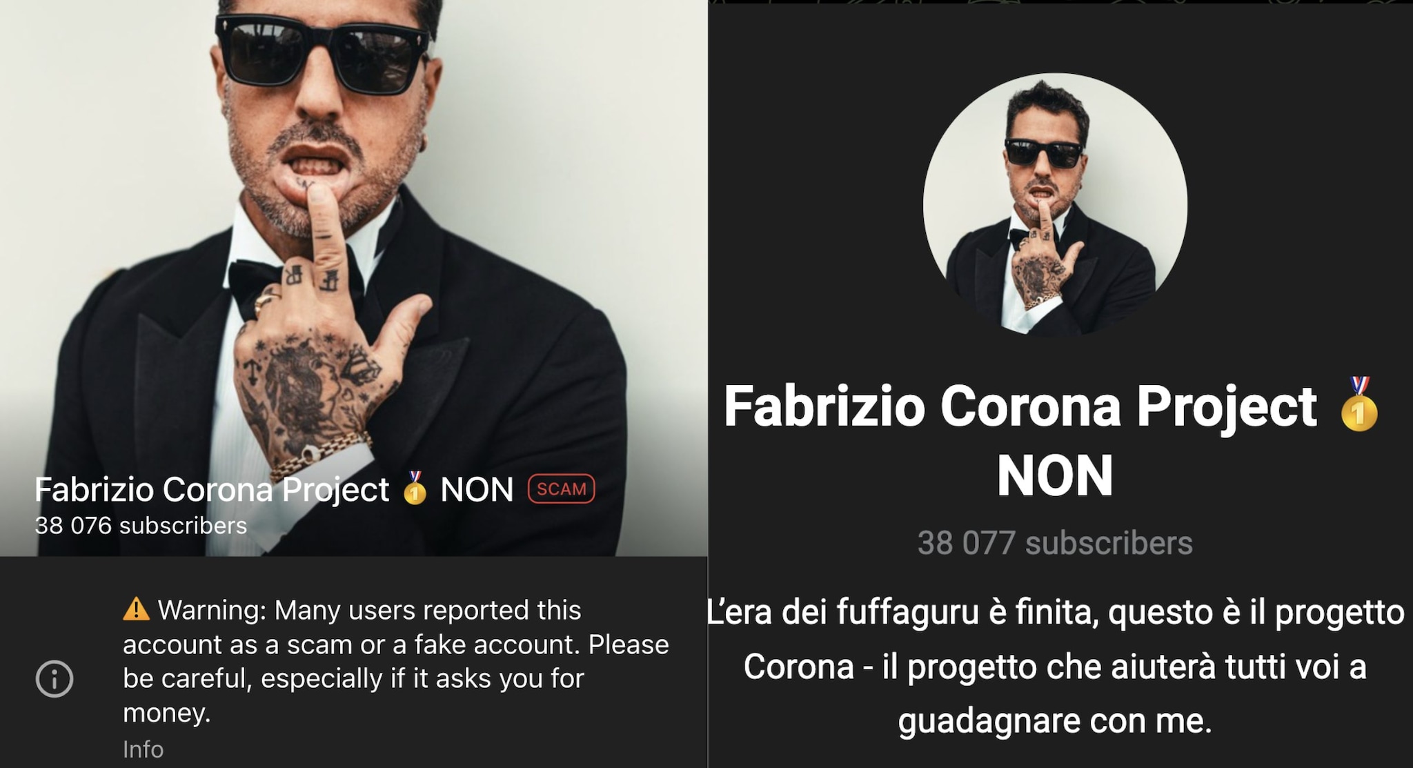 Le scandale du Projet Fabrizio Corona : son canal d'investissement désormais signalé comme une arnaque 3 Image