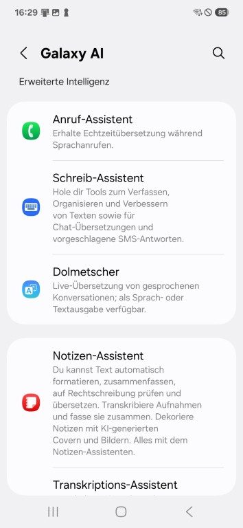 Selon le smartphone, tu trouveras dans les réglages sous « Galaxy AI » de nombreuses options, ou moins. (Capture d’écran)