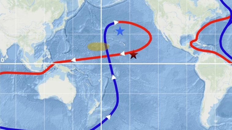 Découverte d'une anomalie radioactive dans les profondeurs de l'Océan Pacifique : des enquêtes lancées sur les causes possibles 1 La posizione dei campioni prelevati da fondali dell'Oceano Pacifico dove sono state riscontrate alte concentrazioni di un isotopo radioattivo, il berillio-10, risalenti a 10 milioni di anni fa / Credit: Nature Communications 2025 (stella rossa, stella blu e area ombreggiata in giallo, la cui posizione del prelievo esatto sconosciuta a causa della protezione delle risorse. La linea blu e quella rossa indicno le principali correnti oceaniche / Credit Nature Communications 2025