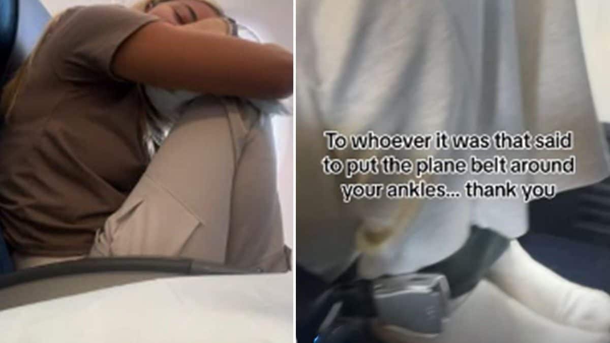 Ils utilisent une astuce vue sur TikTok pour dormir en avion, mais les médecins avertissent que c'est "extrêmement dangereux" 2 TikTok / Le truc devenu viral sur TikTok pour essayer de dormir pendant le vol : attacher la ceinture de sécurité aux chevilles pour maintenir les jambes sur le siège et essayer de dormir la tête posée sur les genoux