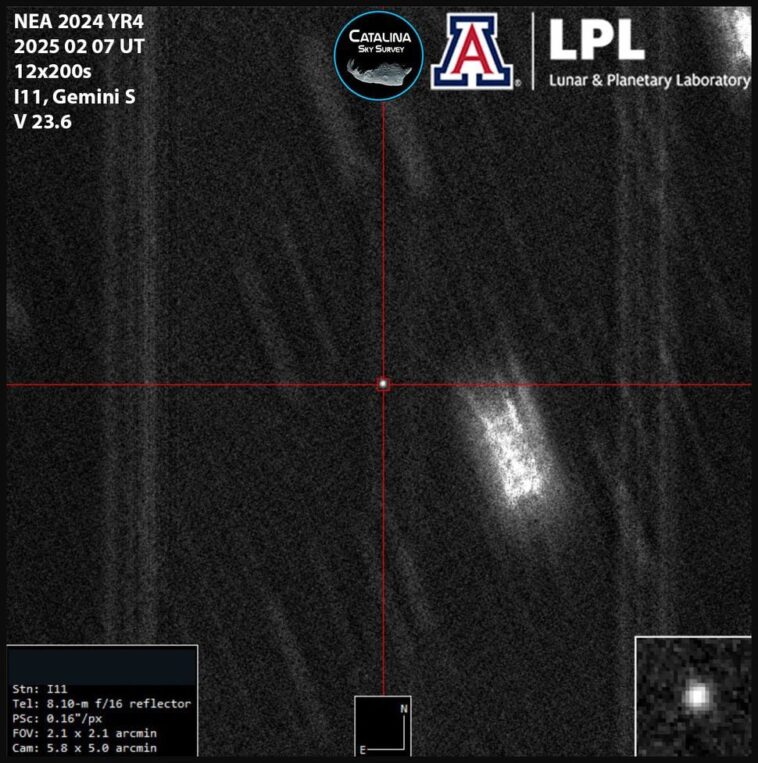 La photo de l’astéroïde 2024 YR4 qui pourrait percuter la Terre : voici à quoi il ressemble dans l’espace 1 L'astéroïde 2024 YR4 observé le 7 février 2025 depuis le télescope Gemini South / Crédit : Catalina Sky Survey/ LPL/Wierzchos/ Bryce Bolin)