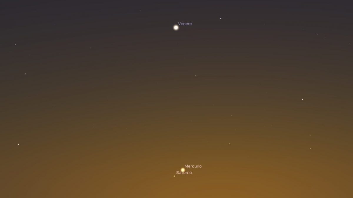 Le baiser entre Vénus, Saturne et Mercure dans le ciel du 25 février : à quelle heure l'observer ? 2 Simulation de la conjonction astrale entre Mercure, Vénus et Saturne du 25 février 2025. Crédit : Stellarium