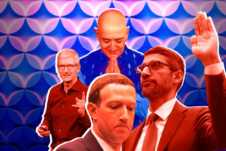 Les géants du numérique contrôlent ma vie digitale — voici comment j'ai repris le contrôle 2 Graphique stylisé featuring Tim Cook, Jeff Bezos, Mark Zuckerberg, Sundar Pichai