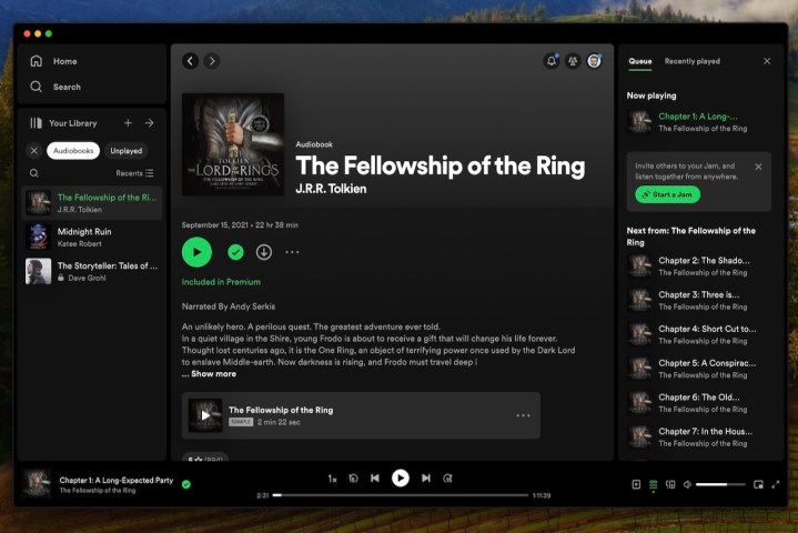 Spotify propose désormais des livres audio narrés par intelligence artificielle pour ses auditeurs 2 Les livres audio Spotify sur l'application de bureau montrant Le Seigneur des Anneaux.