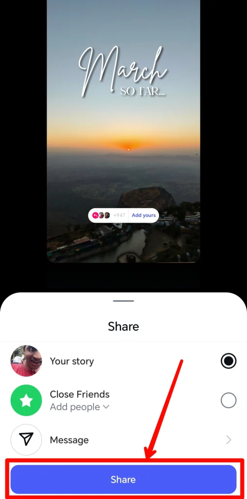 Comment tirer parti des modèles d'histoires 'Mars jusqu'à présent' et 'Décharge de Mars' sur Instagram 6 bouton de partage final du modèle