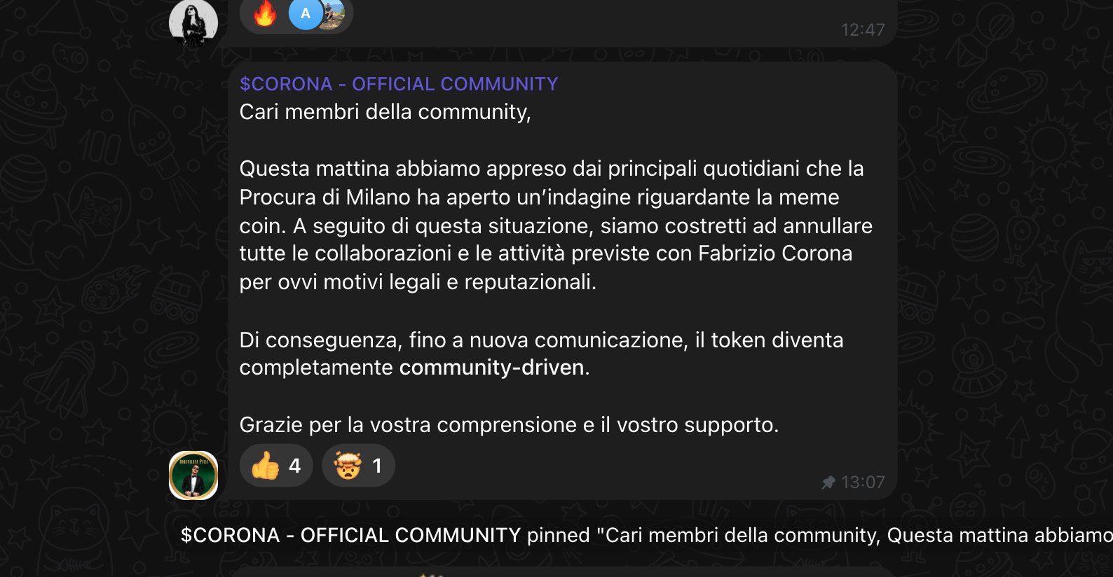 Fabrizio Corona s'évade de sa crypto, efface les discussions et abandonne les utilisateurs : "Annulez toutes les activités" 3 TELEGRAM | L'annonce des modérateurs de la communauté Telegram