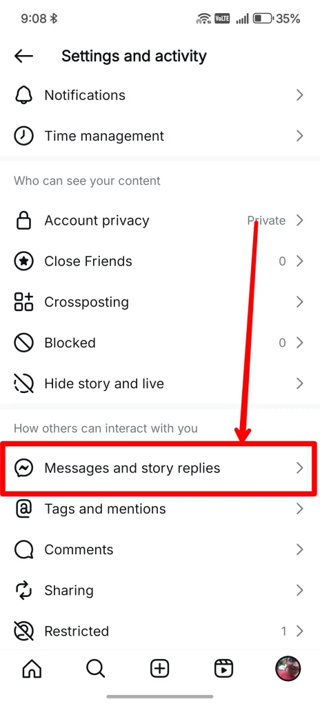 Comment empêcher les inconnus de vous ajouter à des discussions de groupe sur Instagram 3 appuyez sur les messages et réponses aux histoires