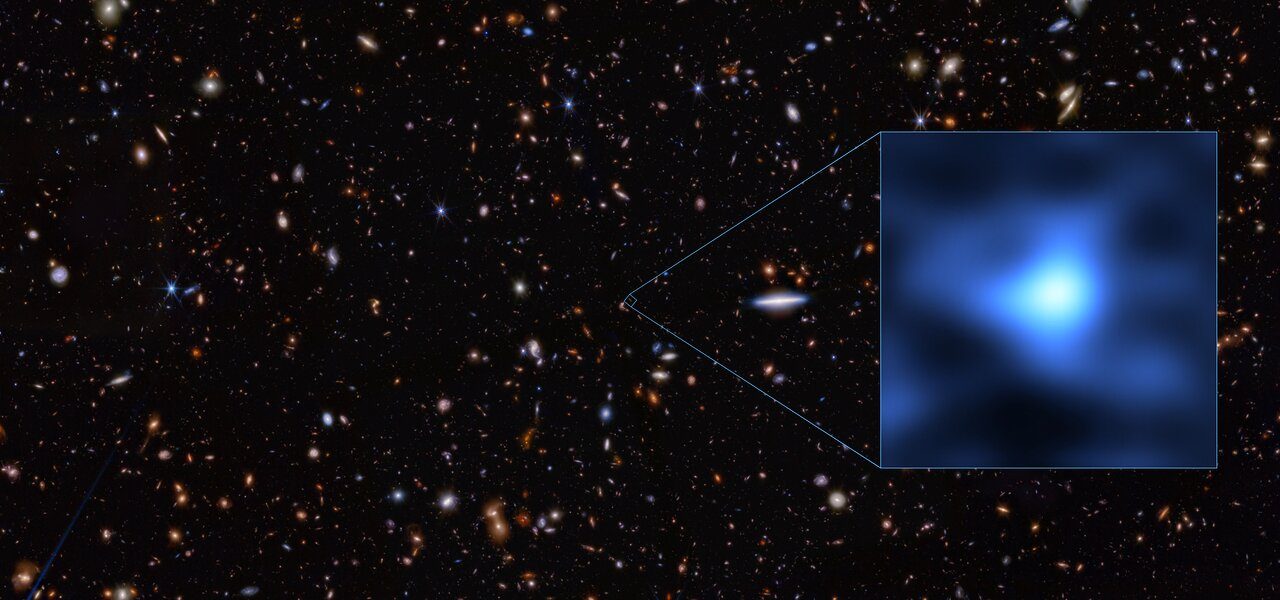 La position de la galaxie la plus éloignée de la Terre, nommée JADES-GS-z14-0, visible comme un petit point dans la constellation de la Fornace / Credit: ALMA (ESO/NAOJ/NRAO)