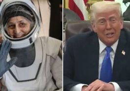 Sunita Williams (a sinistra), l'astronauta rimasta bloccata 9 mesi sulla Stazione Spaziale Internazionale insieme a Butch Wilmor. A destra, il presidente Donald Trump risponde sul loro possibile rimborso per gli straordinari / Credit X.com