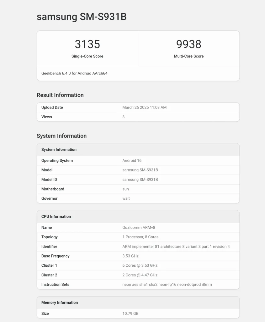 Galaxy S25 repéré sur Geekbench avec Android 16 et One UI 8 ! 2 Résultat Geekbench du Galaxy S25 One UI 8