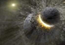 NASA | Illustrazione della formazione della Luna secondo l'ipotesi dell'impatto gigante: un protopianeta, chiamato Theia, si sarebbe scontrato con la Terra primordiale, lanciando nello spazio abbastanza materiale da permettere la formazione della Luna