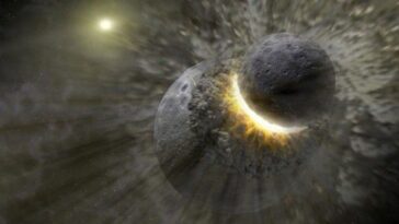 La Lune est née d'un fragment de Terre projeté par un impact gigantesque : de nouvelles preuves éclairent sa formation 25 NASA | Illustrazione della formazione della Luna secondo l'ipotesi dell'impatto gigante: un protopianeta, chiamato Theia, si sarebbe scontrato con la Terra primordiale, lanciando nello spazio abbastanza materiale da permettere la formazione della Luna