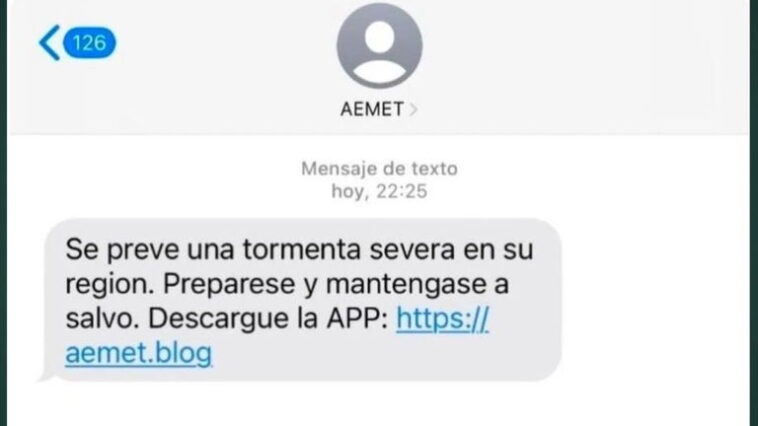 Les cybercriminels profitent des alertes de l'AEMET pour les tempêtes. Attention à ce SMs 1 Les cybercriminels exploitent les alertes de l'AEMET concernant les tempêtes. Attention à ce SMS