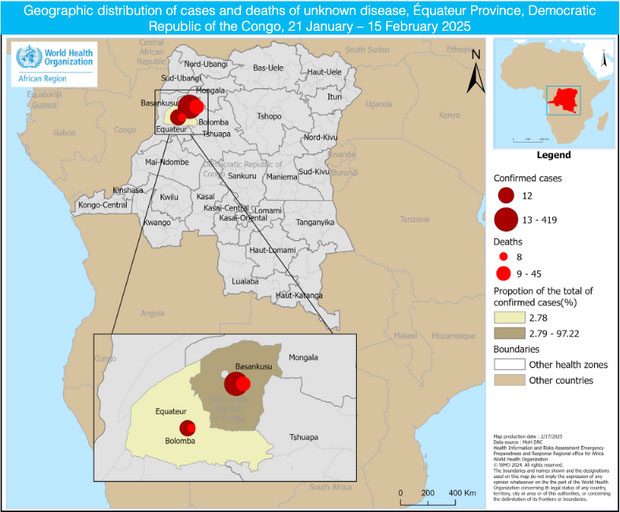 Les symptômes de la maladie mystérieuse qui tue au Congo : fièvre, hémorragies mortelles et plus de 1000 cas selon l'OMS 2 La distribution géographique des cas et des décès dus à une maladie non encore identifiée dans la province d'Équateur, République Démocratique du Congo / Crédit who.it