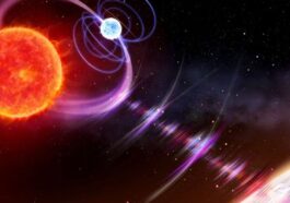 Rappresentazione artistica di una nana rossa (sinistra) e di una nana bianca (centro) in orbita l'una attorno all'altra. L'orbita delle stelle è così stretta che i loro campi magnetici interagiscono, causando impulsi di emissione radio ogni due ore / Credit Daniëlle Futselaar/artsource.nl