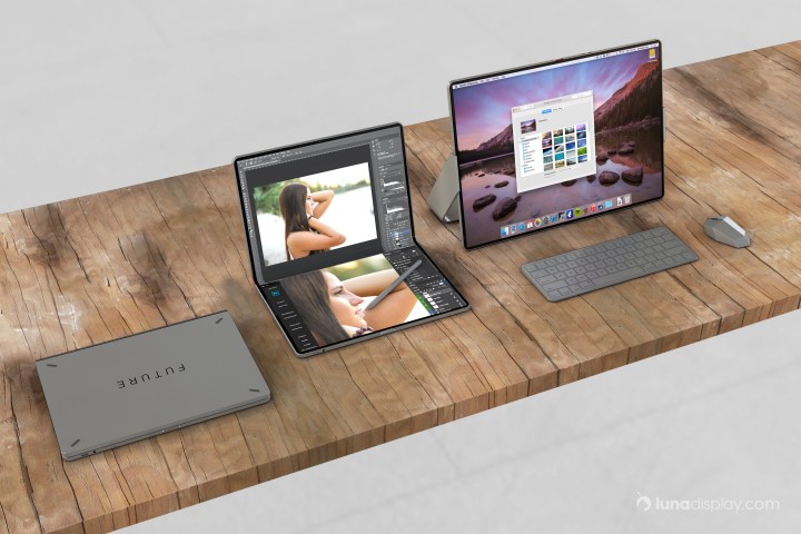 Voici comment le premier MacBook pliable d'Apple pourrait me conquérir 2 The Luna Display Concept foldable Mac shown in three stages.