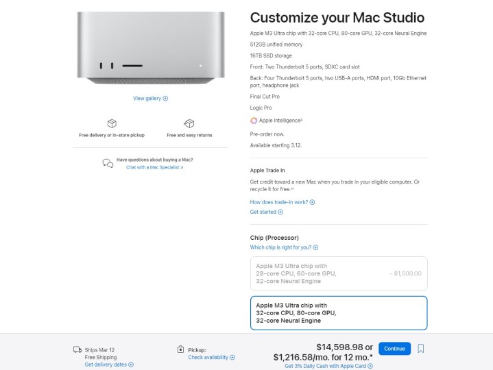 Vous voulez le meilleur Mac Studio d'Apple ? Préparez-vous à débourser plus de 14 000 € 2 Capture d'écran du site web du magasin Apple Mac Studio.