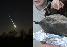 À gauche un bolide observé en France en 2023 (crédit : Wokege / Wikipedia); à droite une météorite récupérée au sol (Crédit : X /Vigie-Ciel)