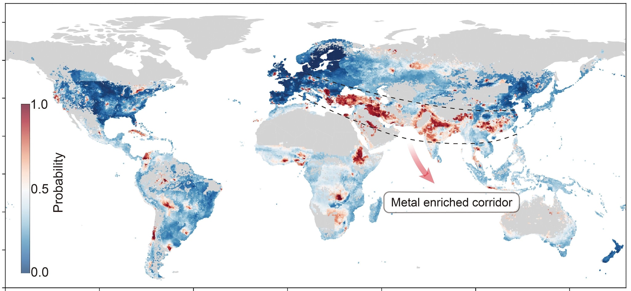 Jusqu'à 17 % des terres agricoles sont contaminées par des métaux lourds ! 3 Carte du dépassement des seuils agricoles pour au moins un des sept métaux lourds (arsenic, cadmium, cobalt, chrome, cuivre, nickel et plomb) : la couleur indique la probabilité de dépassement / Crédit : Science 2025