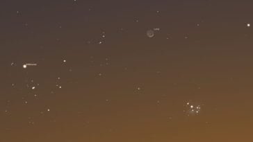 Double baiser céleste magnifique dans le ciel du 29 avril : à quelle heure observer les phénomènes astronomiques 13 Simulation de la conjonction astrale entre Pléiades et croissant de Lune du 29 avril. Crédit : Stellarium