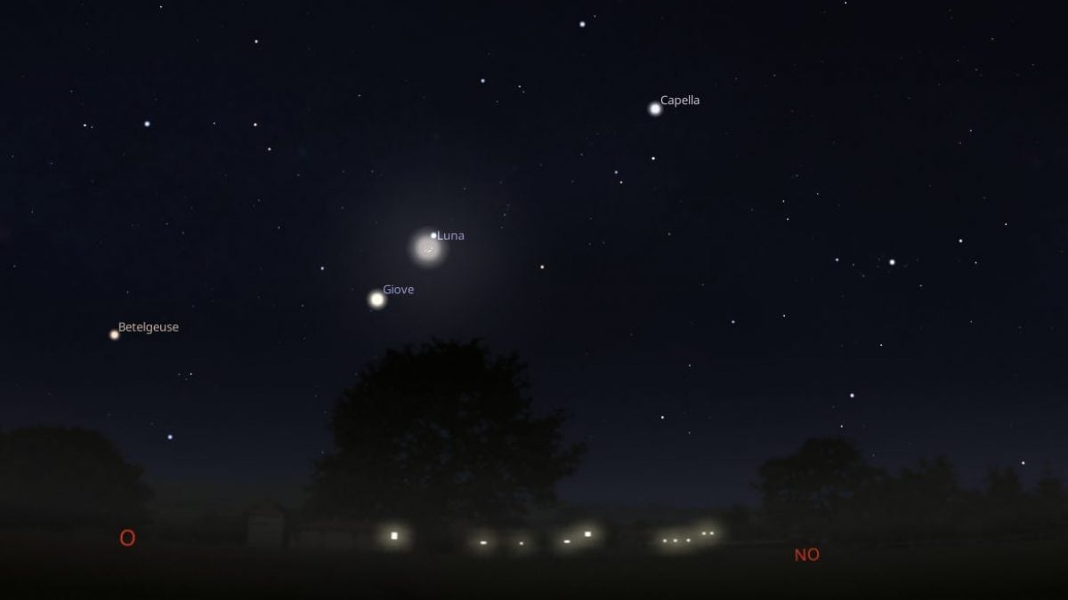 La Lune embrasse Jupiter le 30 avril sur un tapis d'étoiles : à quelle heure observer le dernier ballet du mois 2 La conjonction astrale entre la fine croissante de la Lune et Jupiter le 30 avril. Crédit : Stellarium
