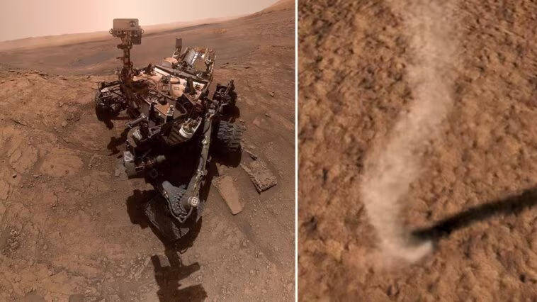 Sur Mars, des diables de poussière "s'engloutissent" les uns les autres : découvrez ce que le rover de la NASA a observé 1 Le rover Perseverance de la NASA (à gauche) a observé pour la première fois ce qui se passe lorsqu'un diable de poussière entre en collision avec un autre vortex / Crédit : NASA/JPL-Caltech