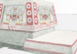 Une reconstruction de l'autel montrant les décorations peintes en rouge, noir et jaune, qui auraient figuré le « Dieu des Tempêtes » vénéré à Teotihuacan / Rendu par Heather Hurst