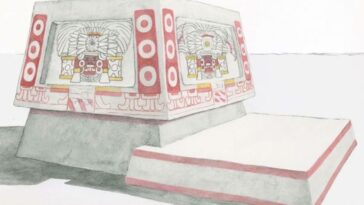 Un autel mystérieux découvert dans une ancienne cité maya lève le voile sur un changement de pouvoir controversé 24 Une reconstruction de l'autel montrant les décorations peintes en rouge, noir et jaune, qui auraient figuré le « Dieu des Tempêtes » vénéré à Teotihuacan / Rendu par Heather Hurst