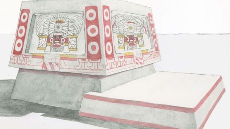 Un autel mystérieux découvert dans une ancienne cité maya lève le voile sur un changement de pouvoir controversé 1 Une reconstruction de l'autel montrant les décorations peintes en rouge, noir et jaune, qui auraient figuré le « Dieu des Tempêtes » vénéré à Teotihuacan / Rendu par Heather Hurst