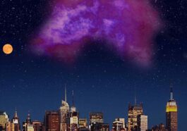Une représentation de la nébuleuse moléculaire Eos dans le ciel nocturne de New York si cette structure récemment découverte était visible à l'œil nu / Crédit : NatureLifePhoto/Flickr, Burkhart et al. 2025