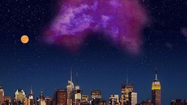 Une immense nébuleuse jamais observée à 300 années-lumière de la Terre révèle ses secrets 30 Une représentation de la nébuleuse moléculaire Eos dans le ciel nocturne de New York si cette structure récemment découverte était visible à l'œil nu / Crédit : NatureLifePhoto/Flickr, Burkhart et al. 2025