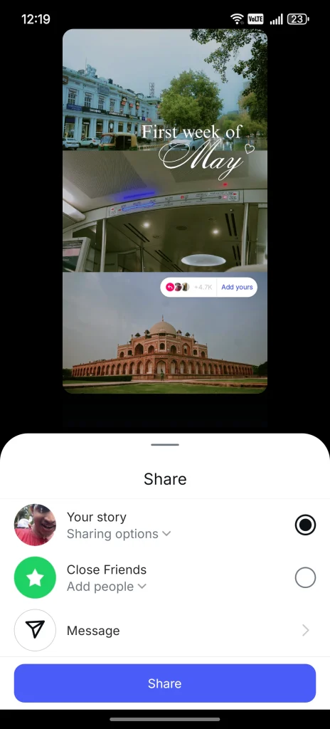 sharing the story on instagram account
