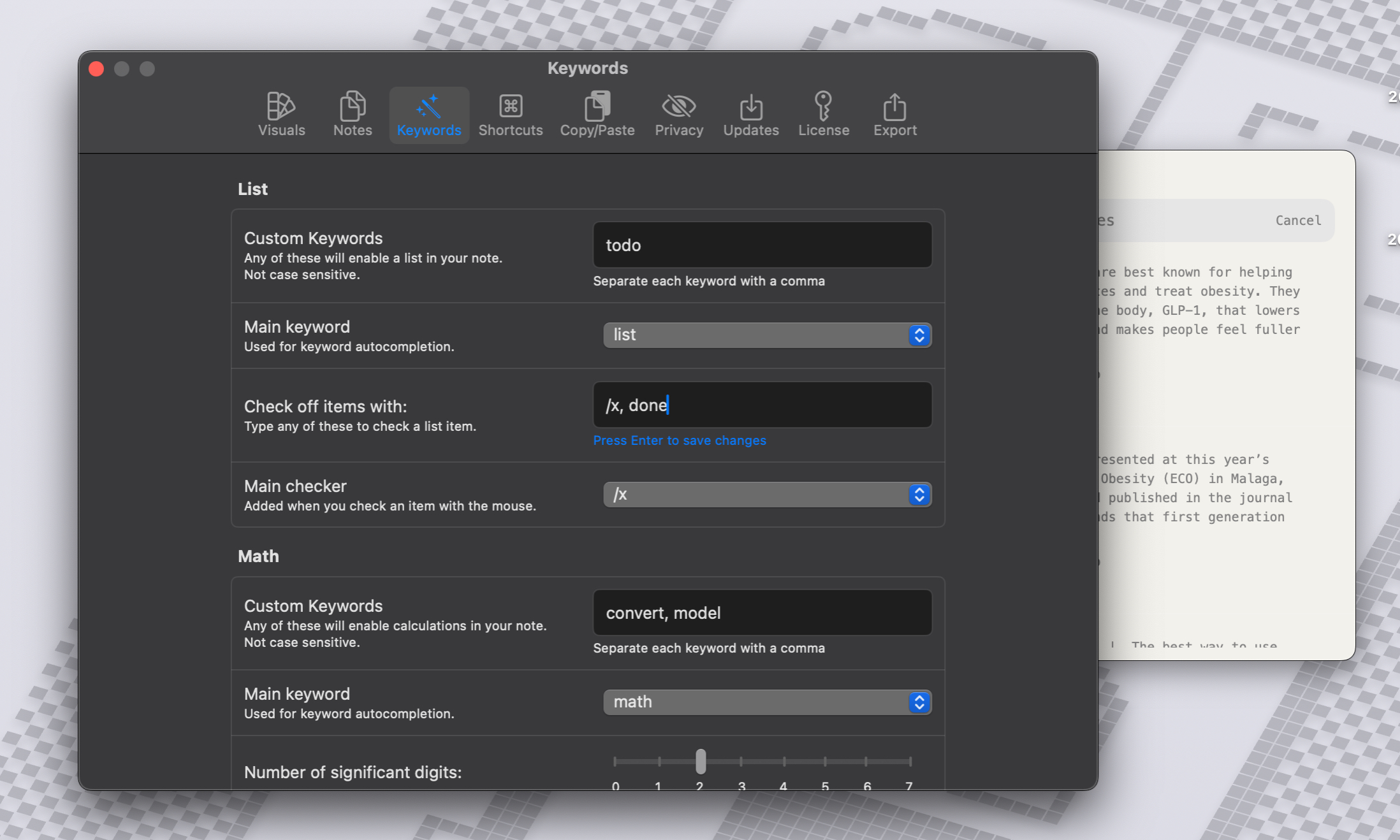 Configuration de mots-clés dans l'application Antinote pour macOS.