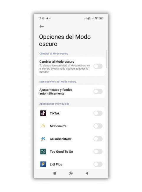 options mode sombre mobile