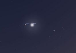 La conjonction astrale du 3 mai entre la Lune et Mars. Crédit : Stellarium