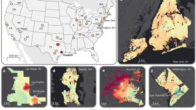 Des villes américaines emblématiques, de New York à Washington en passant par Las Vegas, s'enfoncent à un rythme alarmant 1 Vitesse moyenne de l'affaissement du sol dans 28 villes des États-Unis / Crédit : Nature Cities
