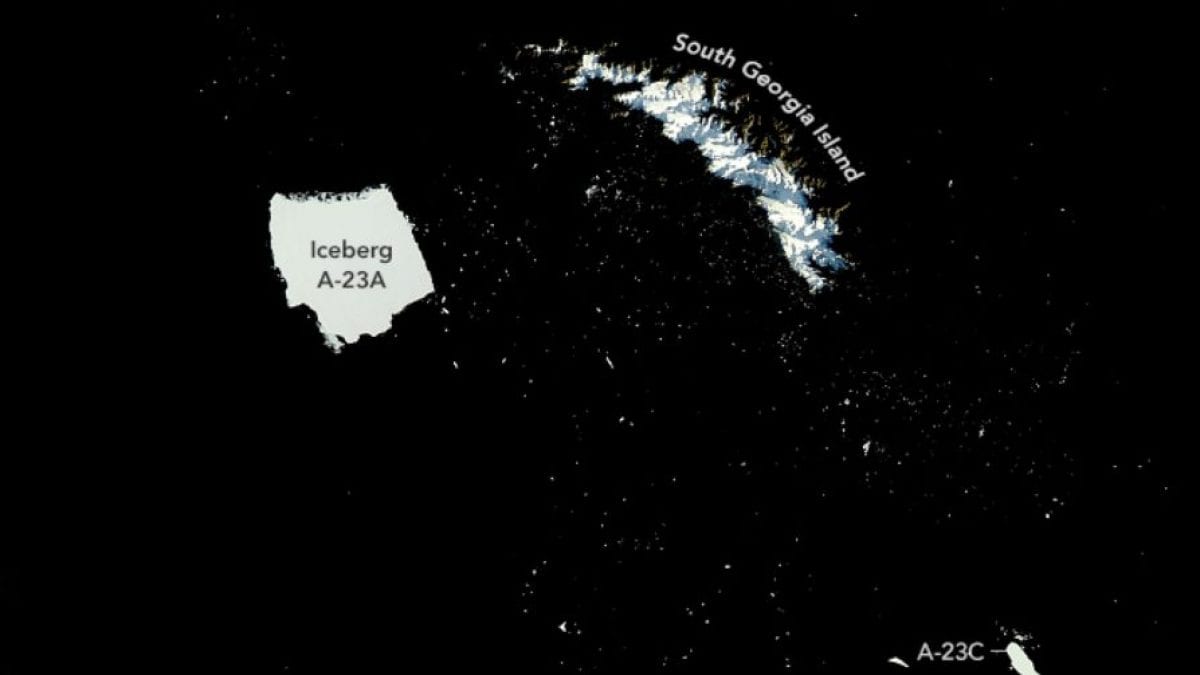 L'iceberg A23a, le plus grand au monde, se brise en milliers de morceaux 2 Mille morceaux d'iceberg se sont détachés d'A23a, le plus grand iceberg du monde, qui est pris au large de la Géorgie du Sud/ Crédit : NASA/Aqua