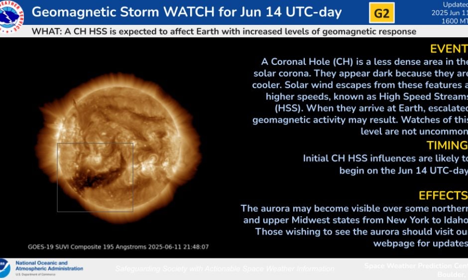 Énorme trou coronal apparu sur le Soleil vise la Terre : alerte à la tempête solaire le 14 juin 3 Alerte pour la possible tempête géomagnétique G2 le 14 juin. Crédit : Space Weather Prediction Center / NOAA
