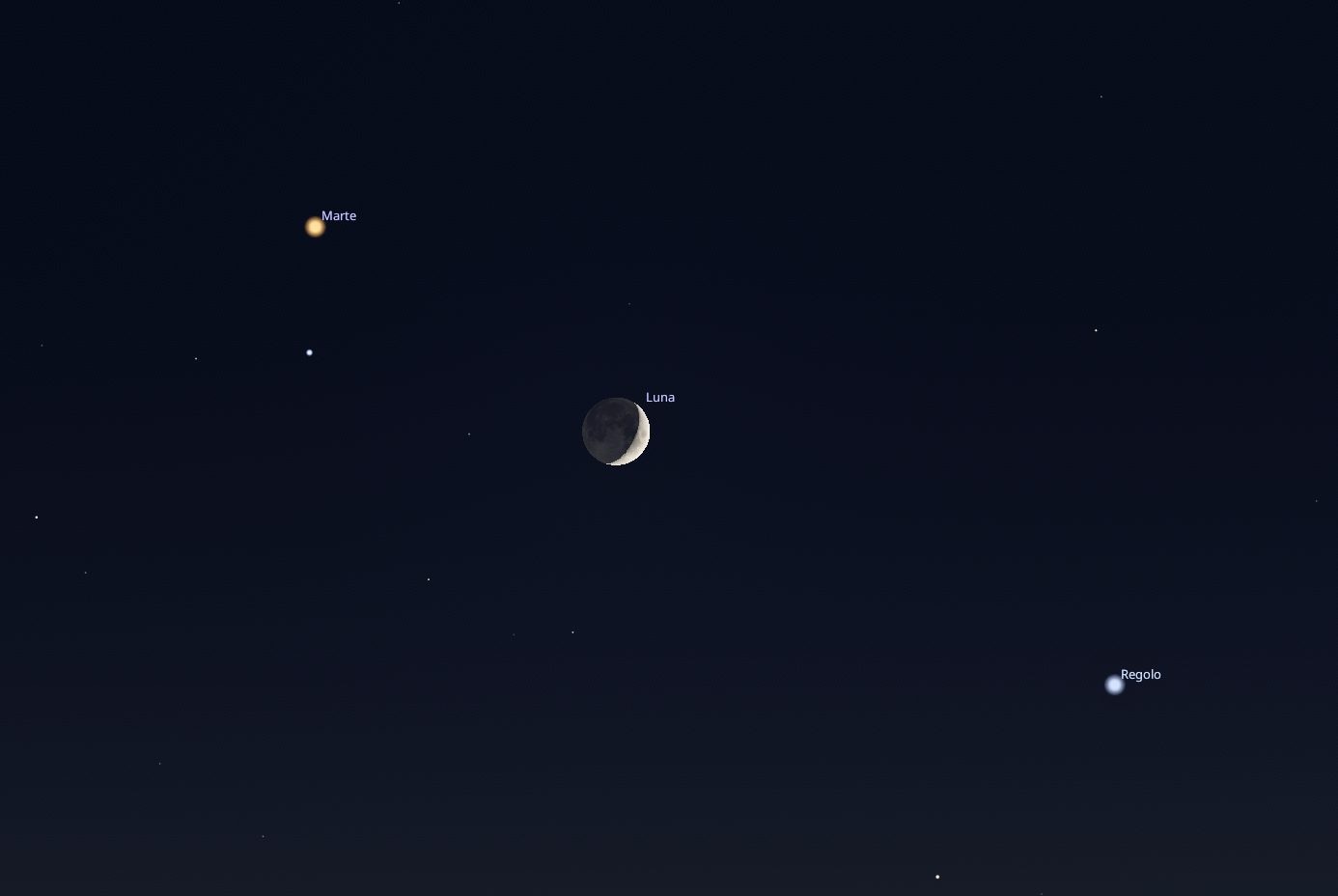 Demain 29 juin, un magnifique baiser entre la Lune et Mars : à quelle heure l'observer et comment identifier la planète rouge 3 Mars, la Lune et l'étoile Regolo alignés dans le ciel du 29 juin. Crédit : Stellarium