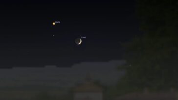 Demain 29 juin, un magnifique baiser entre la Lune et Mars : à quelle heure l'observer et comment identifier la planète rouge 6 Simulation de la conjonction astrale entre la Lune et Mars de dimanche 29 juin. Crédit : Stellarium