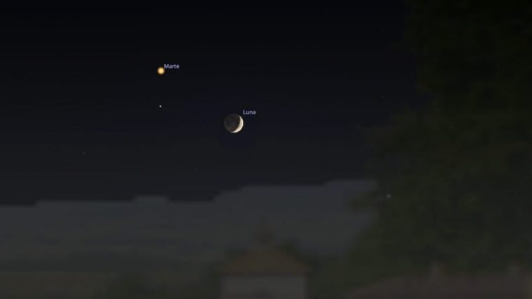 Demain 29 juin, un magnifique baiser entre la Lune et Mars : à quelle heure l'observer et comment identifier la planète rouge 1 Simulation de la conjonction astrale entre la Lune et Mars de dimanche 29 juin. Crédit : Stellarium