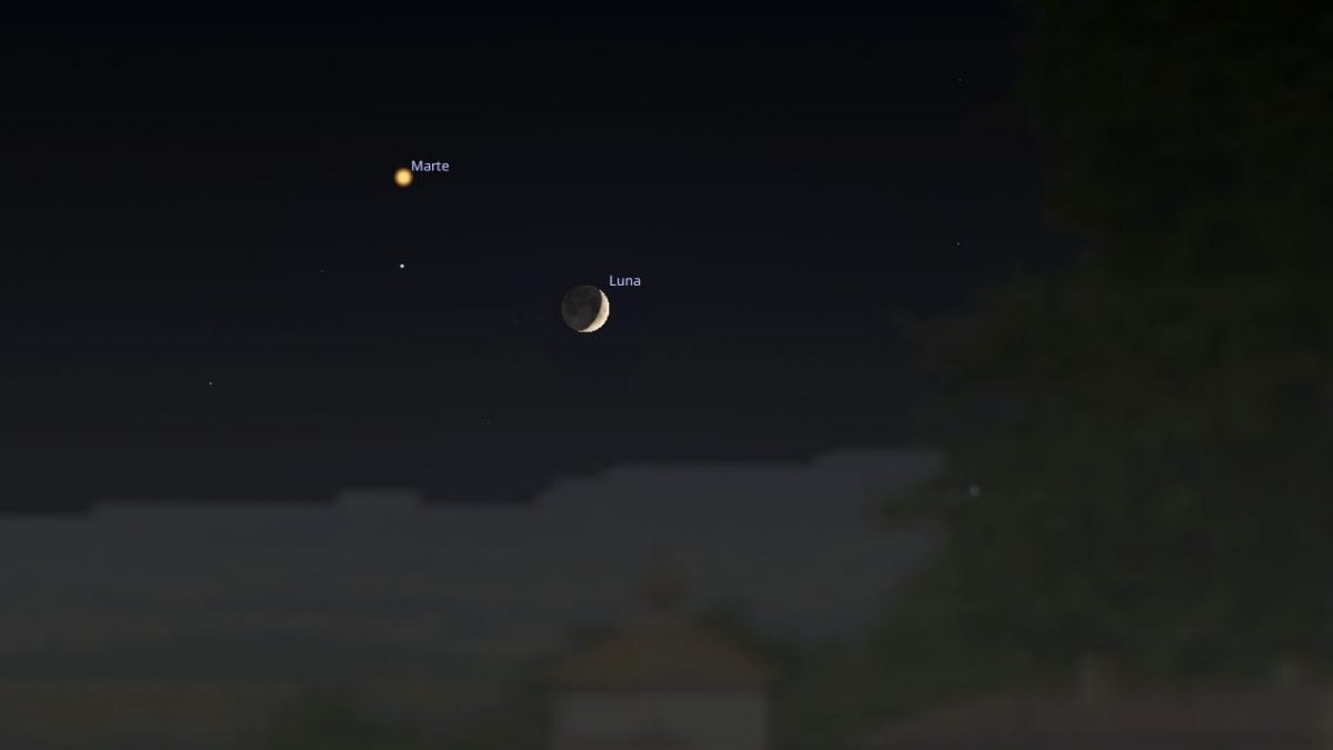 Demain 29 juin, un magnifique baiser entre la Lune et Mars : à quelle heure l'observer et comment identifier la planète rouge 2 Simulation de la conjonction astrale entre la Lune et Mars de dimanche 29 juin. Crédit : Stellarium