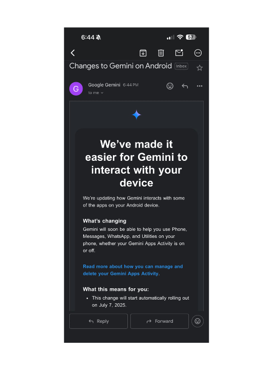 Gemini espionne vos appels et conversations de WhatsApp 2 Courriel informant sur l'extension WhatsApp pour Gemini