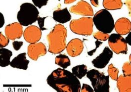 Image au microscope des perles de verre orange trouvées sur la surface de la Lune / Crédit : Robinson/Taylor, Nature Geoscience, 2014