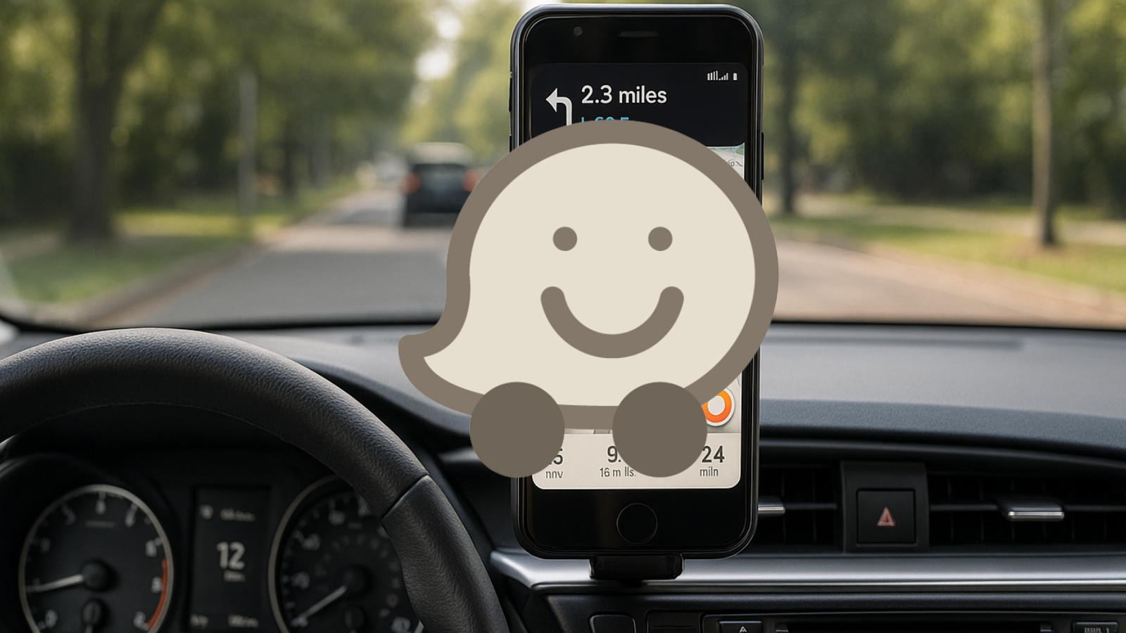 Waze est un héro ou un vilain : la vérité sur ses routes, parfois désastreuses 2 Logo Waze avec fond de voiture tenant un mobile